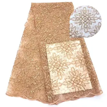 

High Quality African Organza Lace Fabric 2019 Latest African Sequin lace Nigerian French Net Lace Fabrics Gold Yellow Sequins