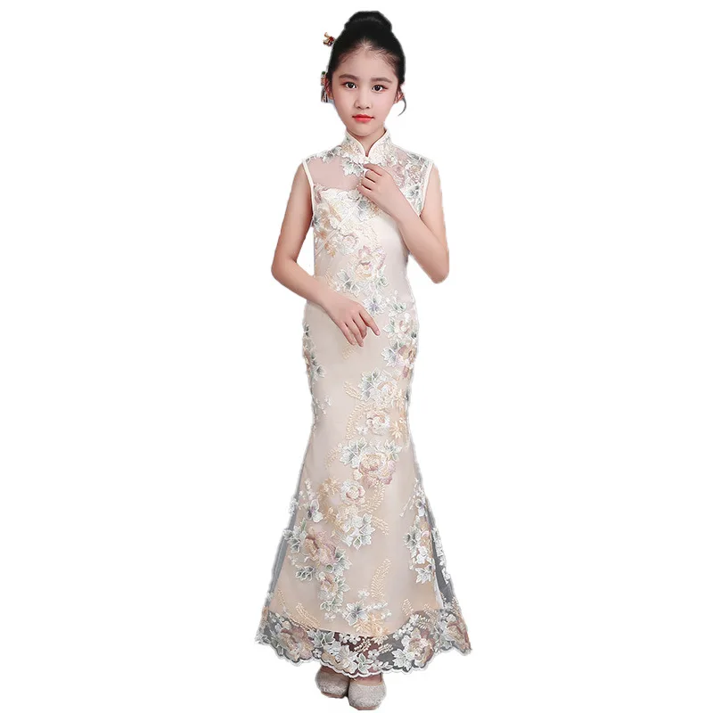 Elegant Long Qipao Mermaid Dress For Prom Weddings Party Girl Chinese Cheongsam Evening Ball Gown Children Princess Kids costume