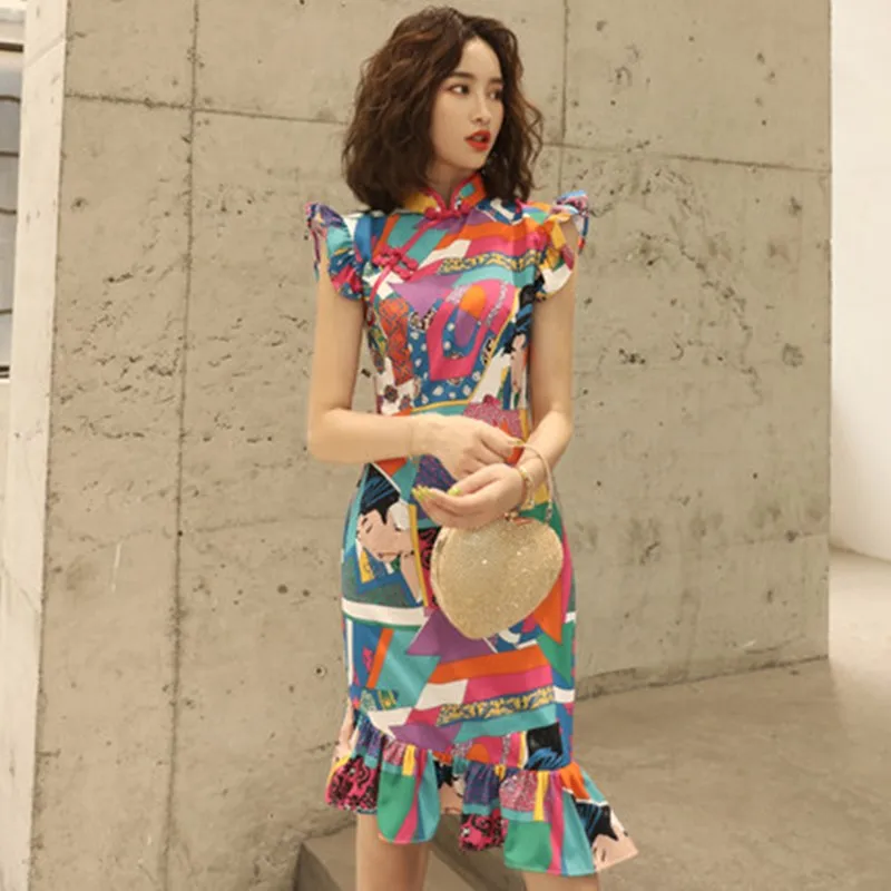 Новое модное короткое платье cheongsam для молодых девушек в стиле ретро, китайский стиль, улучшенное маленькое свежее платье с рыбьим хвостом, тонкое платье