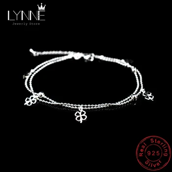 Newest Fashion 925 Sterling Silver Double Layer Small Ball Chain Anklet Lucky Clover Pendant Anklets Bracelet For Women Jewelry