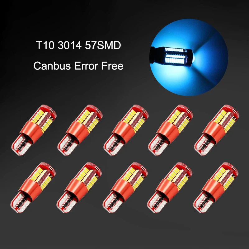 

10 шт. светло-голубой T10 12V W5W 3014 57SMD светодиодный Canbus Error Free автомобильные лампы для 192 168 194 2825 боковые габаритные лампы внутреннего освещения