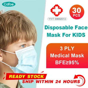 

Cofoe 30pcs Kids 3Ply Disposable Mask Anti-dust Breathable Mouth Mask for Children Students Breathable Non-woven Elastic Earloop