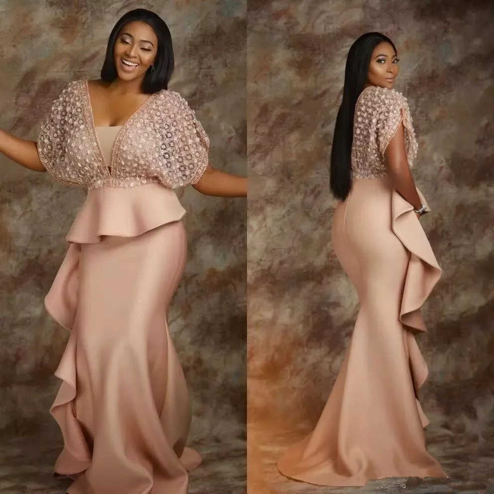 

Pearl Pink Lace Evening Dresses 2019 African Saudi Arabia Dress For Women Sheath Formal Gowns Robe De Soiree