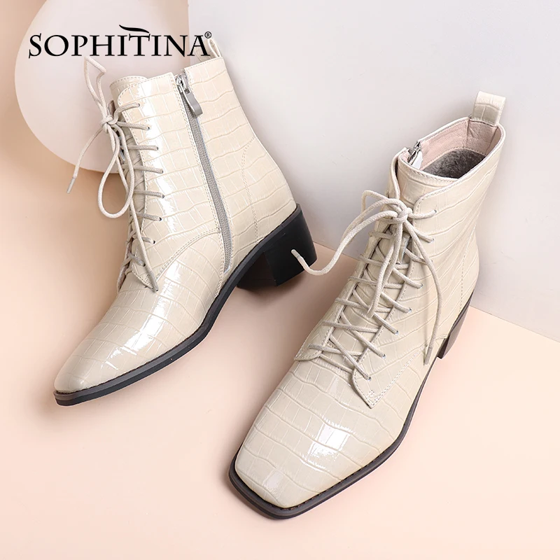 

SOPHITINA Leisure Women Ankle Boots Crocodile Pattern Lace-Up Zipper Square Heel Round Toe Boots Classice Cross-tied Shoes C855