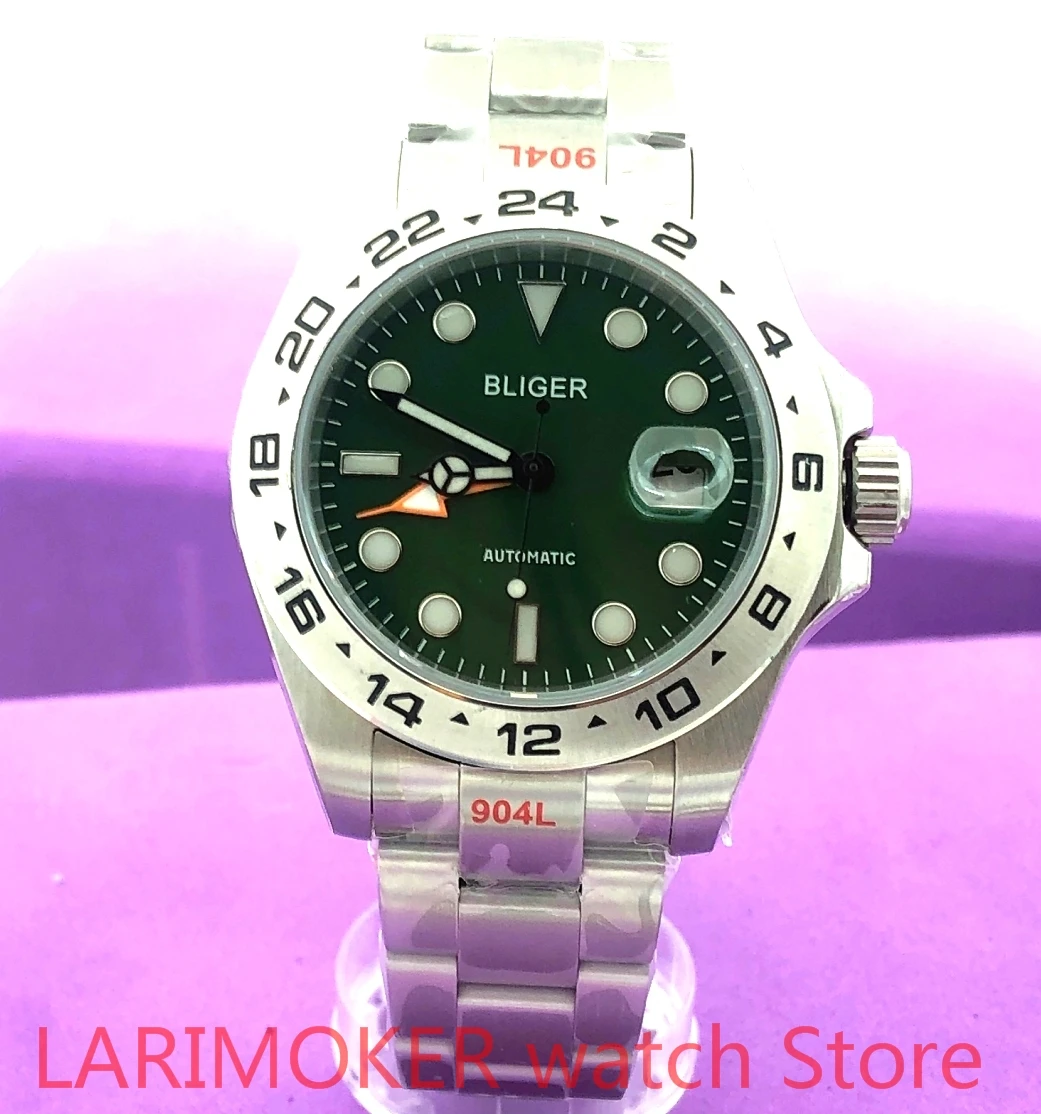 

43mm BLIGER green Dial GMT Function Men's Watch Sapphire Crystal Silver Bezel Automatic Date Stainless Steel Strap