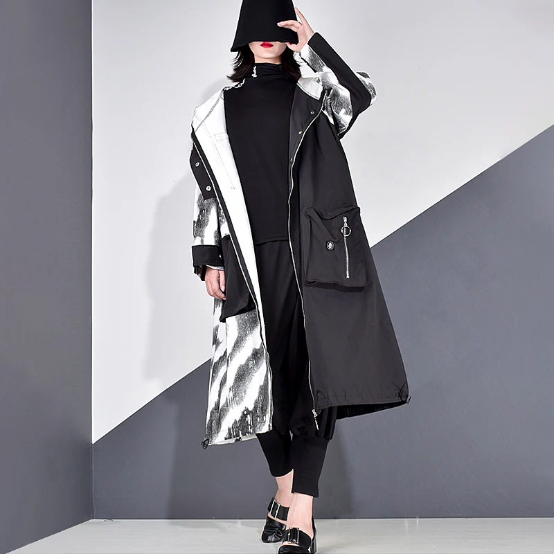 XITAO Patchwork Print Trench Women Zippers Tide