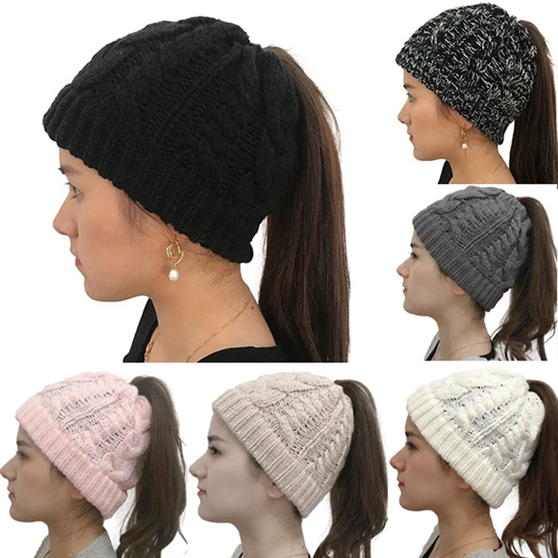 Зимние вязаные шапки, Зимняя женская шапка, женская, для девушек, тянущаяся вязанная шапка, грязный пучок, конский хвост, шапочка, Holey, теплые шапки, шапки