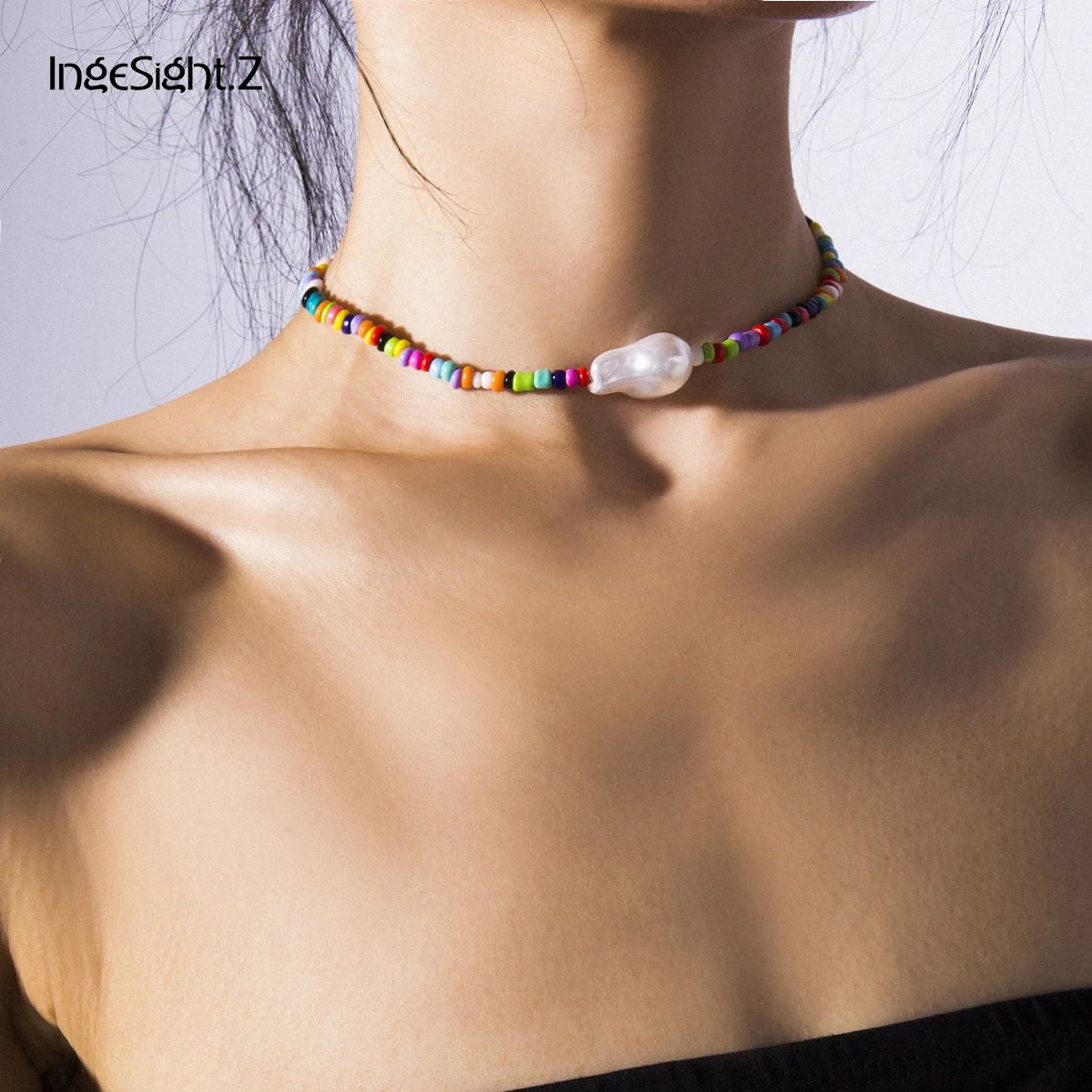 

IngeSight.Z Bohemian Imitation Pearl Choker Necklace Collar Statement Colorful Seed Bead Clavicle Chain Necklace Women Jewelry