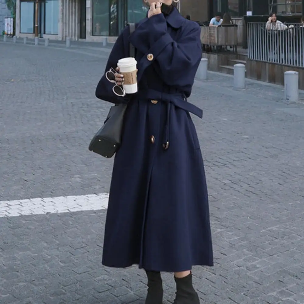 Женское элегантное зимнее шерстяное пальто длинное женское пальто Бандажное шерстяное пальто кардиган свободного размера плюс Abrigos Mujer Manteau Femme