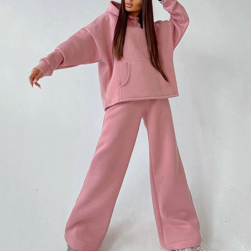 New Autumn Winter Hooded Pocket Sweater Suit Fashion Wide-Leg Pants Two-Piece Women's Clothes Pullovers Long Trousers Sports Set plus size pants suits evening wear Suits & Blazers