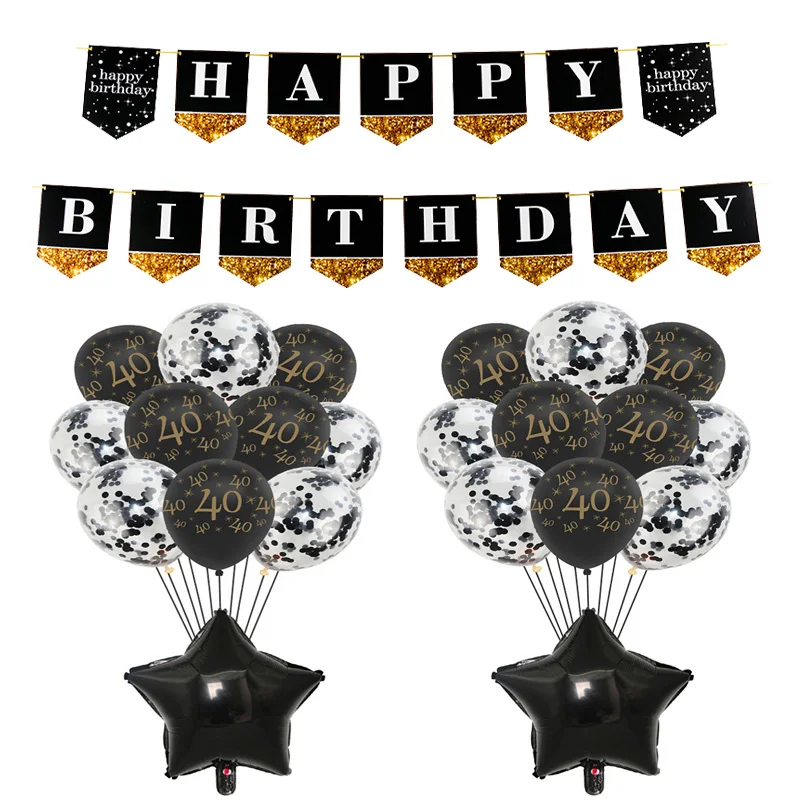 1Set Black 40 Золотой черный латексный шар баннер с цифрами С Днем Рождения флаг анниверсары 18 25 30 40 50 60 лет шарики в форме цифр Globos - Цвет: 1Set Black 40