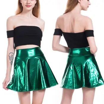 

Womens High Waist Metallic Wet Liquid Faux Leather Look Pleated Flared Skater Mini Skirt Solid Color Glitter A-Line Clubwear