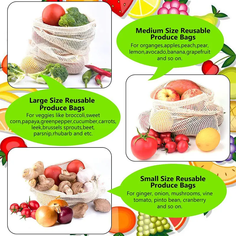 Многоразовые хлопковые сетчатые продуктовые сумки кухонная многоразовая сумка