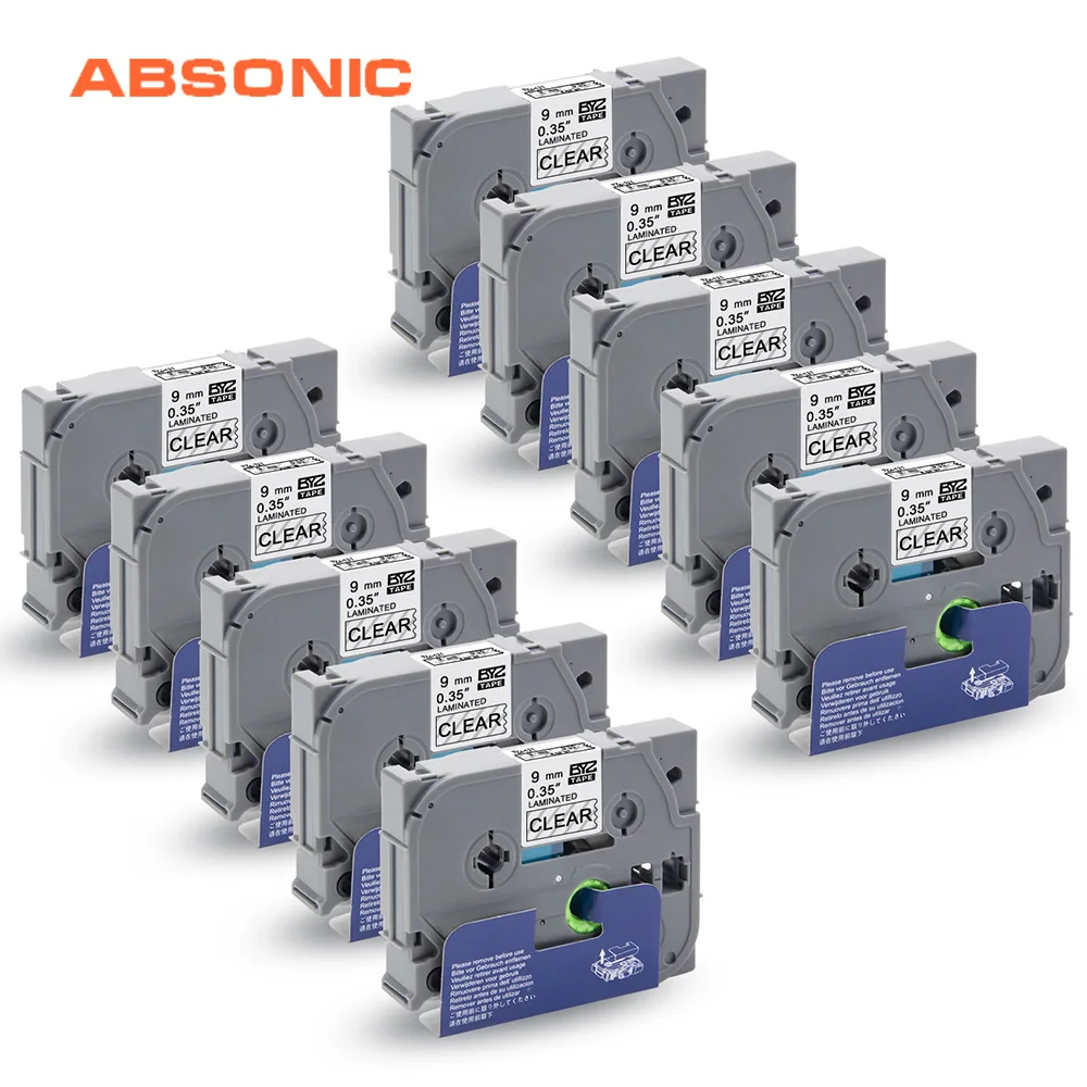Absonic 10 шт. TZe 121 ламинированные ленты черный на прозрачном 9 мм * 8 м картриджи
