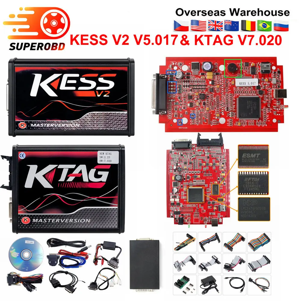 Онлайн EU Red KESS V2 V2.47 V5.017 master No Token Ktag V7.020 V2.25 4LED OBD2 ecu chip tuning Manager Tuning Kit