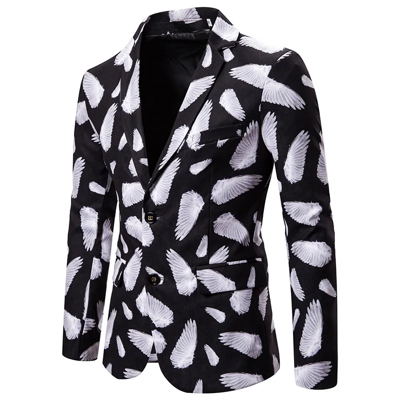 

Black White Bird Wing Print Casual Blazer Men Brand DJ Club Bar Party Suit Jacket Mens Wedding Tuxedo Suit Blazer Jacket