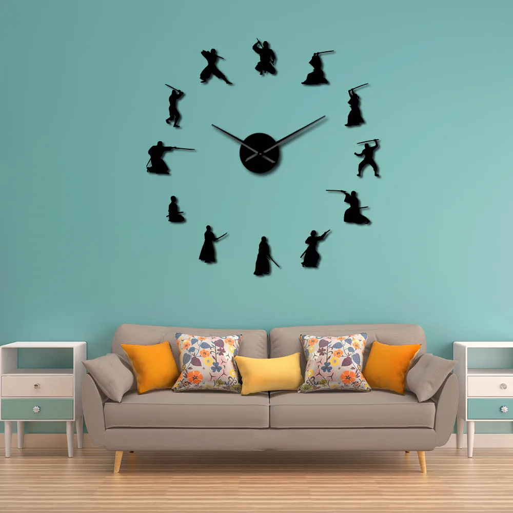 Japanese Martial Art Diy Large Wall Clock Fighter Samurai Silent Quartz