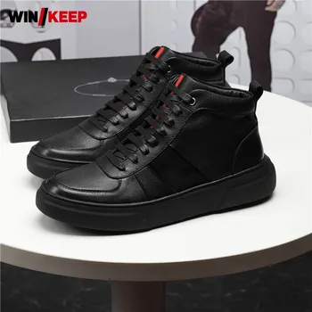 

High Quality Round Toe Flat Sneakers Men Street 100% Real Leather Black Running Sport Shoes Lace Up Comfortable Luxury Trainers