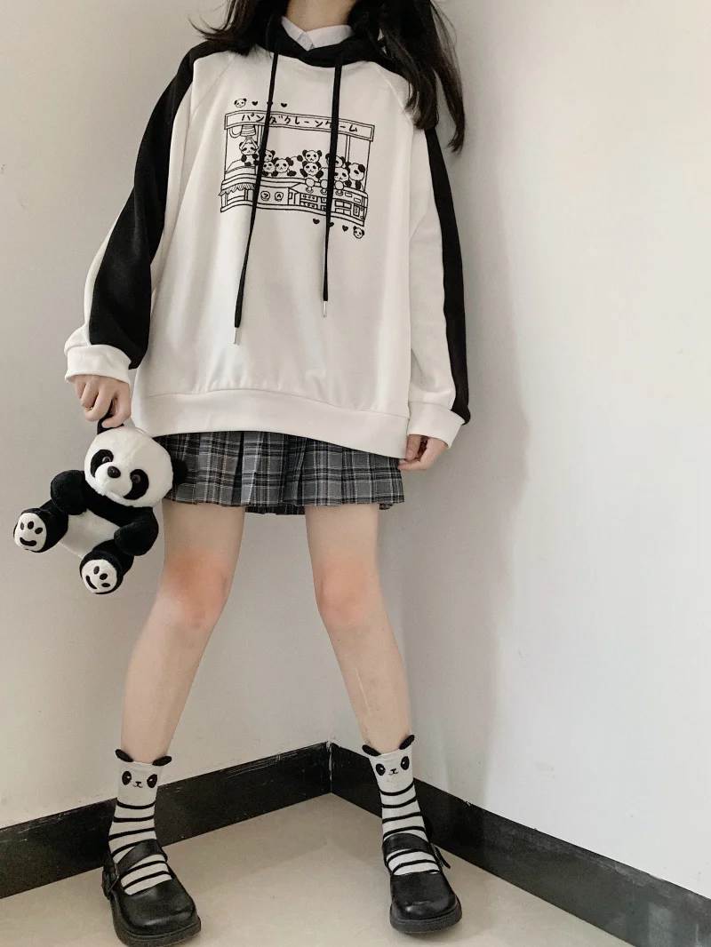 Каваи игрушечная панда машина женские толстовки с капюшоном; Сезон Осень Harajuku Лолита девушка черный белый толстовки Японский милый длинный рукав Пуловеры