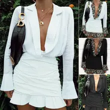 plunge ruched ruffles cuff mini dress