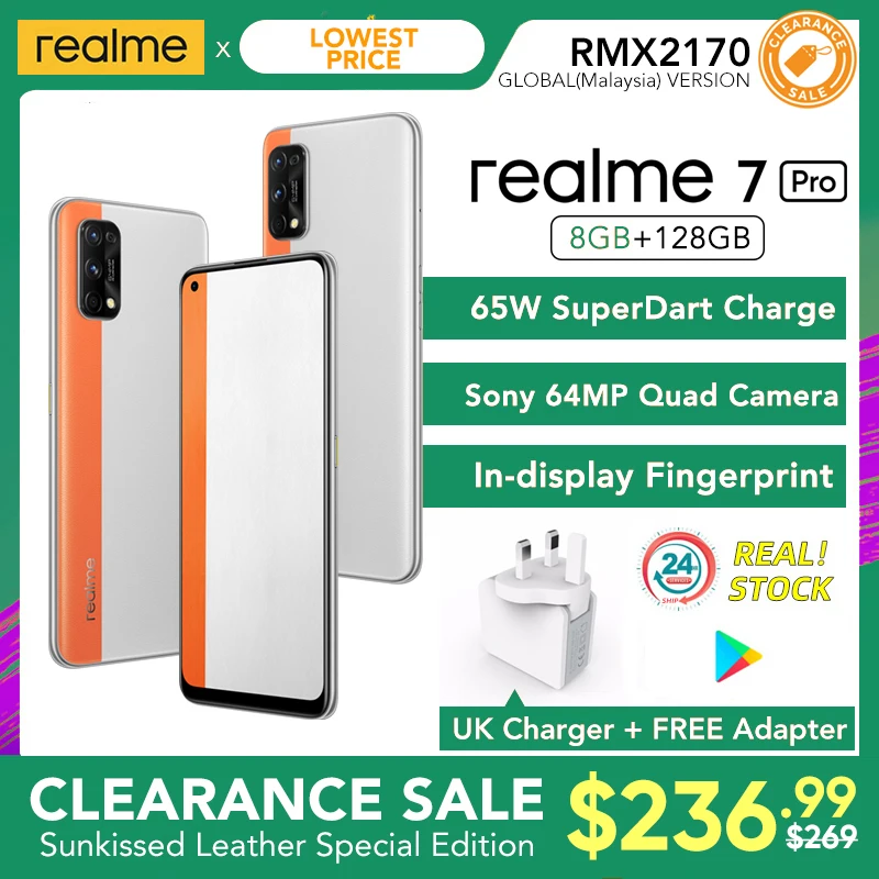 Realme 7 Pro глобальная версия 8 ГБ ОЗУ 128 Гб ПЗУ 65 Вт SuperDart Charge 64-мегапиксельная