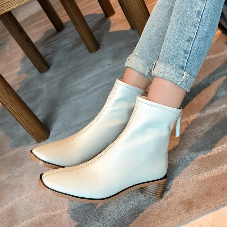 

Women Fashion PU Leather Chelsea Boot 2019 New Autumn And Winter First Layer Cowhide Wood Grain Thick Square Toe Short Boots