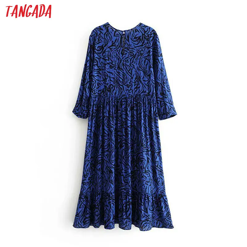 Tangada women leopard blue dress long sleeve vintage pleated loose midi dress female ladies clothing 3A41