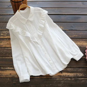 

7576 New Spring Women Shirt Japan Style Fresh Cotton Turndown Collar Long Sleeve White Loose Casual Blouse Women