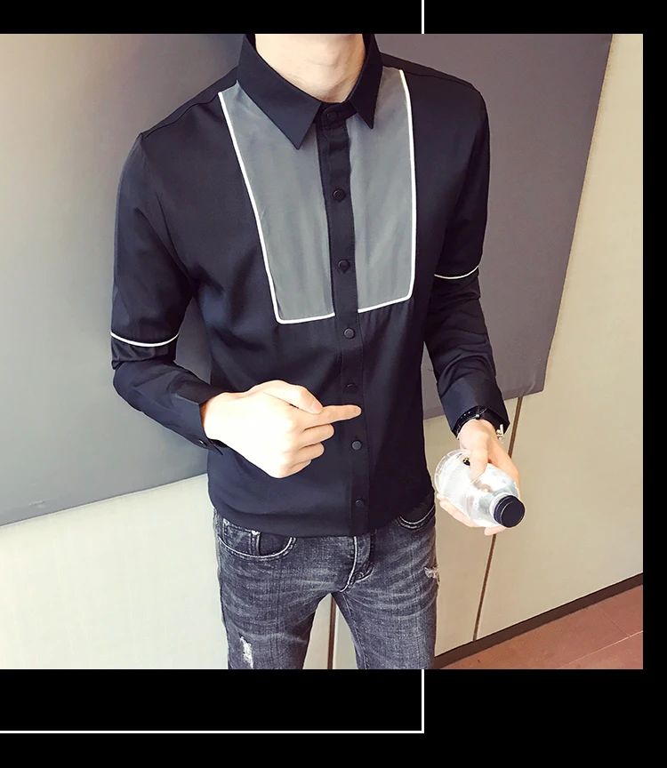 Camisa masculina manga longa Мода Лоскутные цветные мужские повседневные рубашки приталенная уличная одежда костюм воротник Выпускной смокинг 3xl-m