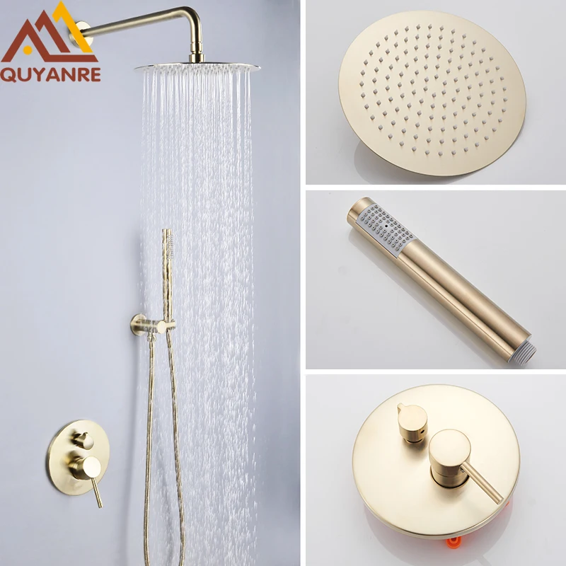 Quyanre Luxury Brushed Gold Shower Faucet Set Wall Mount 10 Rainfall Shower Tap With Embedded Box Mixer Tap Bathtub Shower Kit211