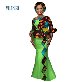 

African Lantern Sleeve Tops and Skirt Sets for Women Bazin Riche Traditional African Print Clothing 2 Pieces Skirt Sets WY3144