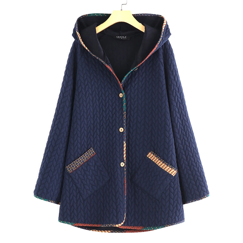 Теплое женское пальто с двумя карманами, с капюшоном, с хлопковой подкладкой, очаровательное, Осеннее, с длинным рукавом, повседневное, на пуговицах, свободное, на каждый день, однотонное, зимнее
