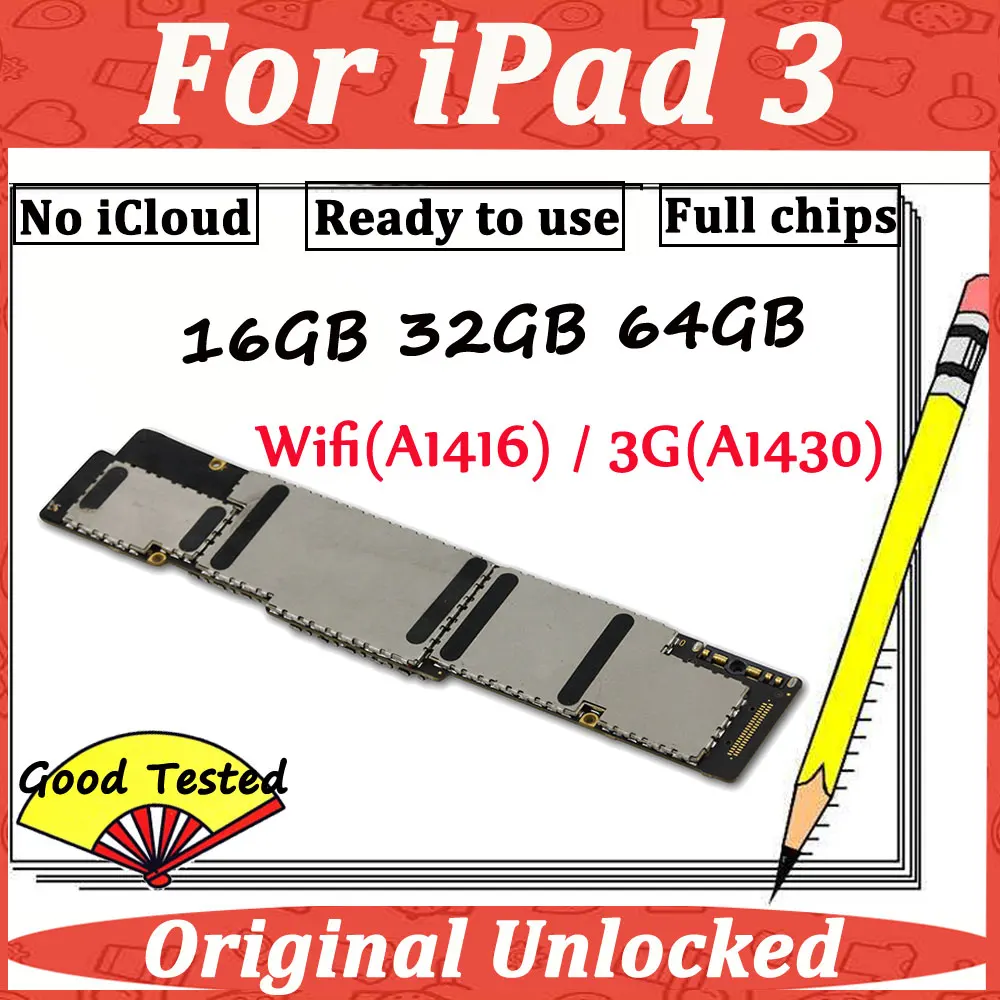 Оригинальная разблокированная материнская плата iCloud для iPad 3 3rd Gen A1416 A1430 Wifi/3g Версия 16 ГБ 32 ГБ 64 Гб материнская плата
