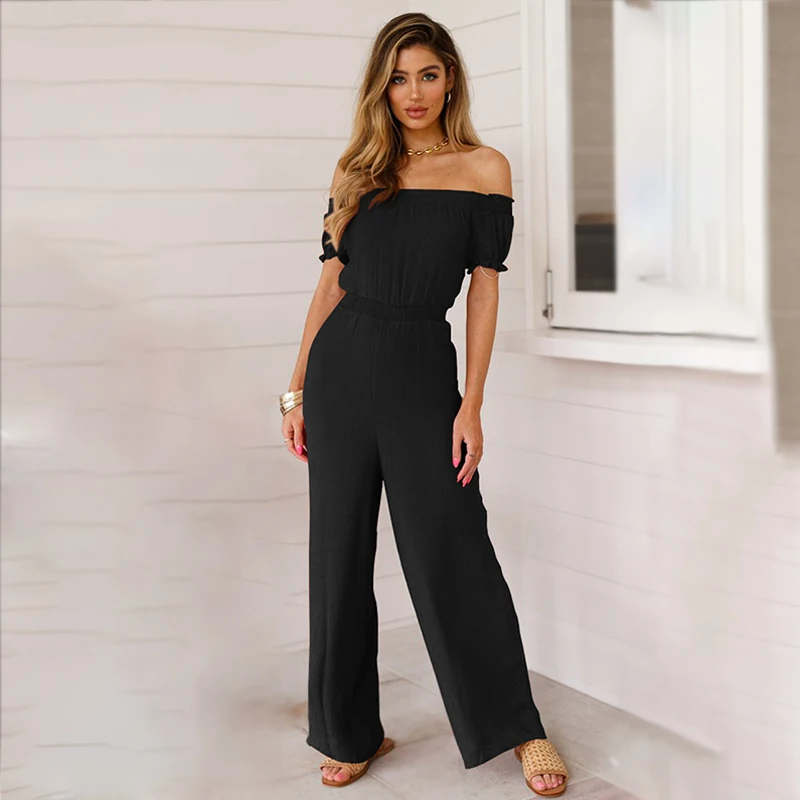 Women Summer Solid Casual Straight Full Length Jumpsuits Fashion A Word Shoulder Slim Fit Women Jumpsuits 2019 Women's Clothing