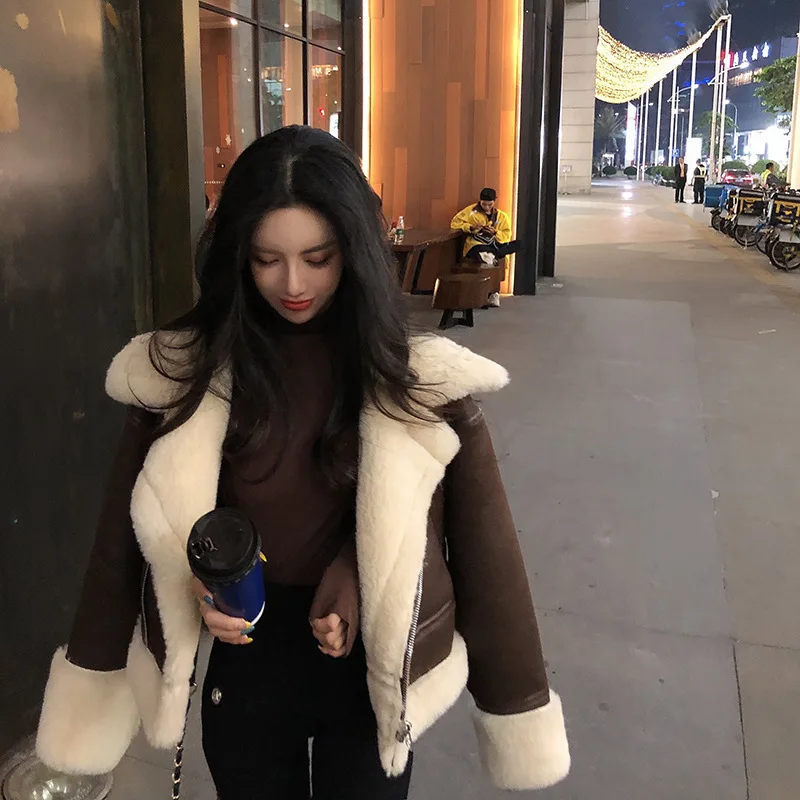 2019 Winter High -Quality Jacket Female Suede Lamb Keep Warm Wool Coat Motorcycle Lapels Coat Female Thicker Jacket Women black