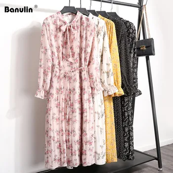 

2020 Women Sweet Floral Dress Bow Neck Print Long Sleeve Femininos Vestidos Mori Girl Elastic Waist 2pcs Chiffon Casual Dresses