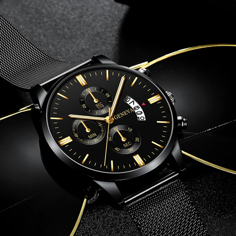 2022 Mens Fashion Business Calendar Watches for Men Luxury Stainless Steel Mesh Belt Analog Quartz Wrist Watch relogio masculino 3