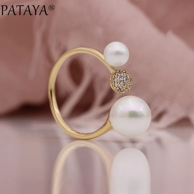 PATAYA новые открытые кольца 585 розовое золото натуральный циркон круглый жемчуг в оправке регулируемые сферические кольца женские уникальные ювелирные изделия