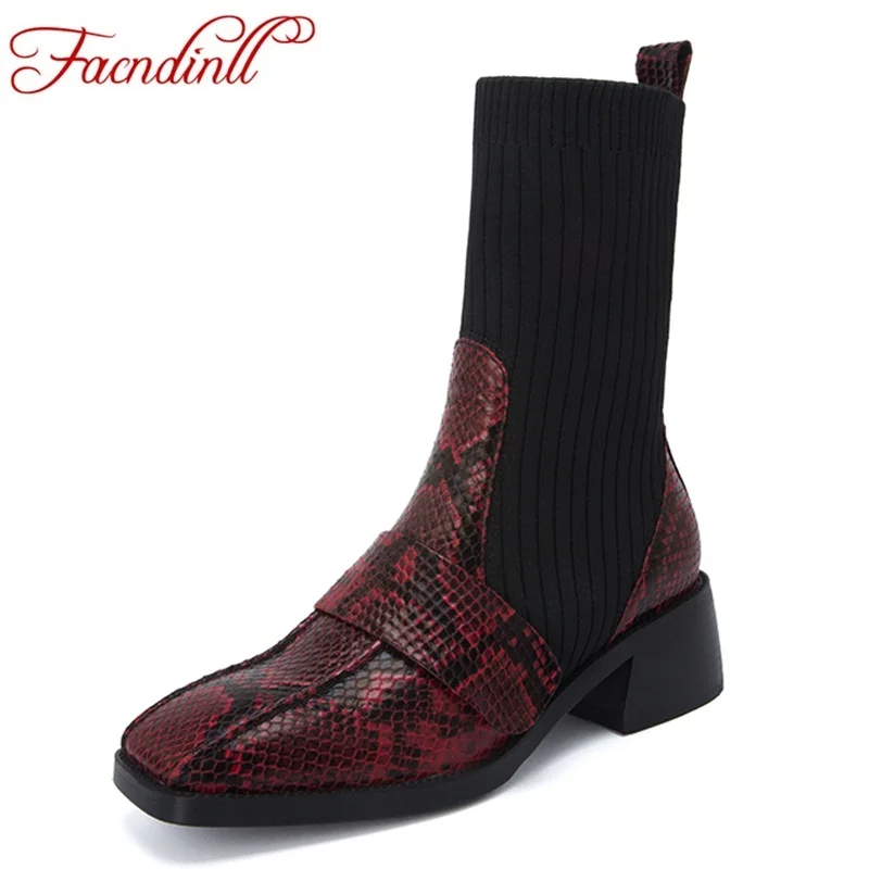 

FACNDINLL new arrives genuine leather women ankle boots shoes high quality square med heels black riding boots dress party shoes