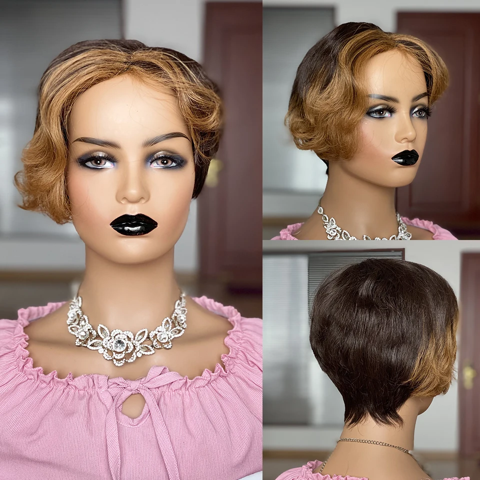 

Ombre Short Bob Wigs With Bangs Remy Brazilian Human Hair Full Wig Blonde Brown Short Bob Pixie Cut Short Wigs