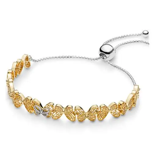 Аутентичный 925 пробы Серебряный браслет блестящие ажурные бабочки скользящий браслет подходит для женщин шарик Шарм ювелирные изделия