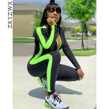 

ZKYZWX Neon Splice Long Sleeve Rompers Womens Jumpsuit Fashion Nave One Piece Outfits Tracksuit Fall Bodys Sexy Bodycon Jumpsuit