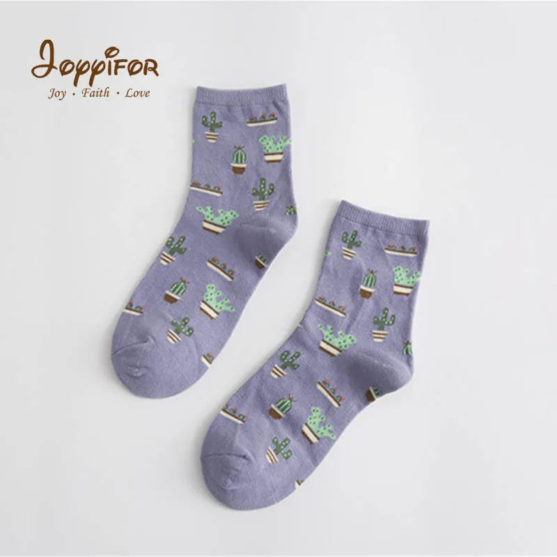 Новые Семена свежих саженцев, вязаные женские носки средней длины С КАКТУСОМ, теплые Нескользящие Повседневные носки до колена с рисунком, носки для девочек - Цвет: Черный