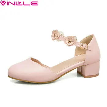 

VINLLE 2020 Square Heel Flowers Buckle Ladies Single Shoes Spring Summer PU Leather Round Toe Hollow Women Pumps Big Size 34-43