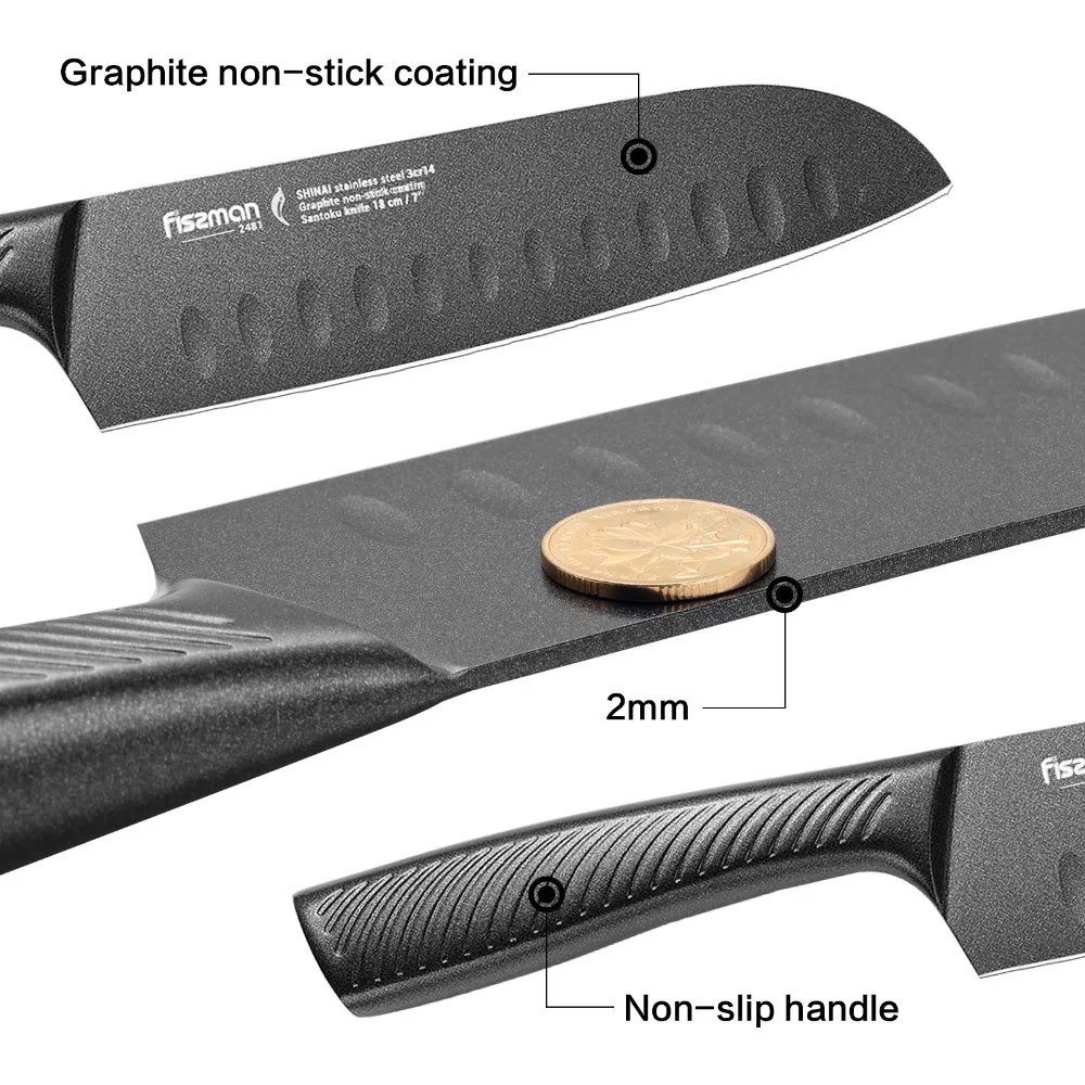 Набор кухонных ножей Fissman SHINAI из нержавеющей стали, графитовый антипригарный нож Santoku, нож для нарезки, инструмент для нарезки