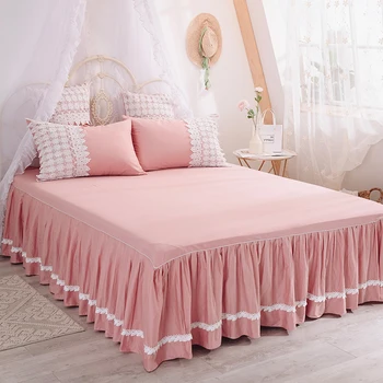 

Bed linen cotton Solid Color Bed Sheet Bedcover Lace Edge Princess Bedspread double couple mattress cover Queen King Size 2020