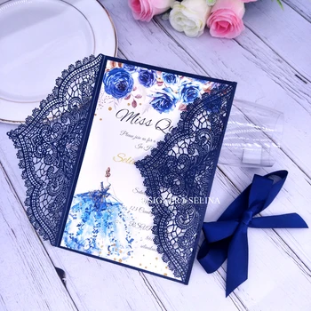 

Navy Blue Lace Laser Cut Wedding Invitation DIY Customized Printable Bridal Invitations Sweet Sixteen Birthday Invites