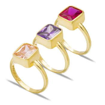 

925 Silver Rectangle Shape In Three Color Gemstone Ring Turkey Silver Gold Plated Ring MINT Jewelry