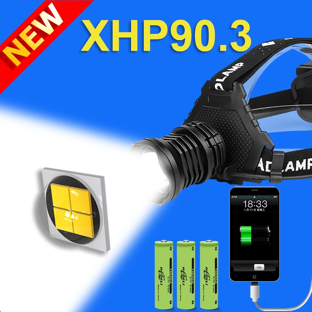 

XHP90.3 Most Powerful Headlamp 18650 waterproof led Headlight XHP70 Rechargeable Head Lights Lantern Usb Zoom fishing Head torch