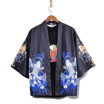 

MISSKY Women Men Shirt Spring Summer Retro Janpanese Ukiyoe Style Robes Chinese Style Loose Three Quarters Sleeve Shirt Jacket